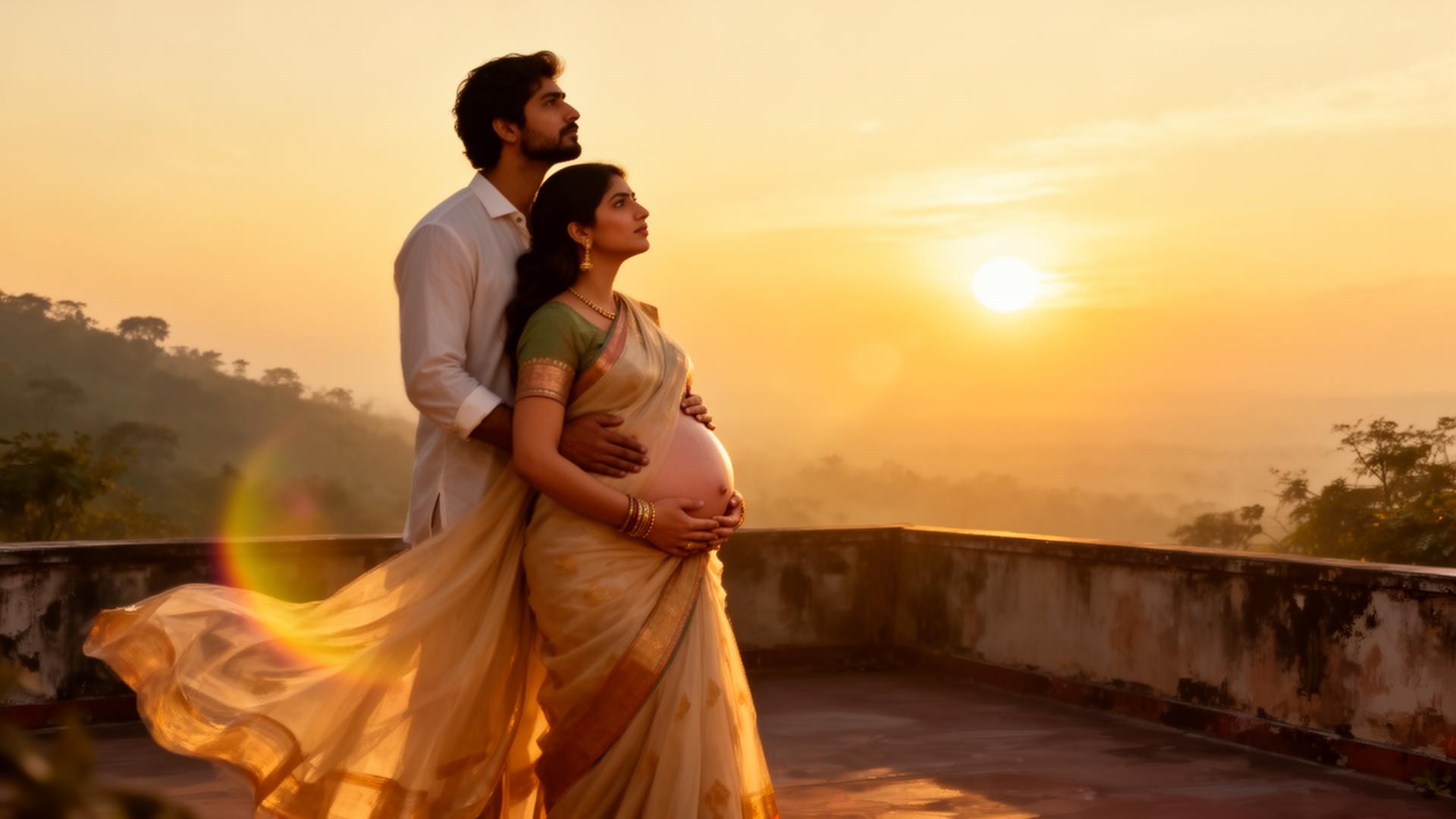 Couple at sunrise, hand on belly