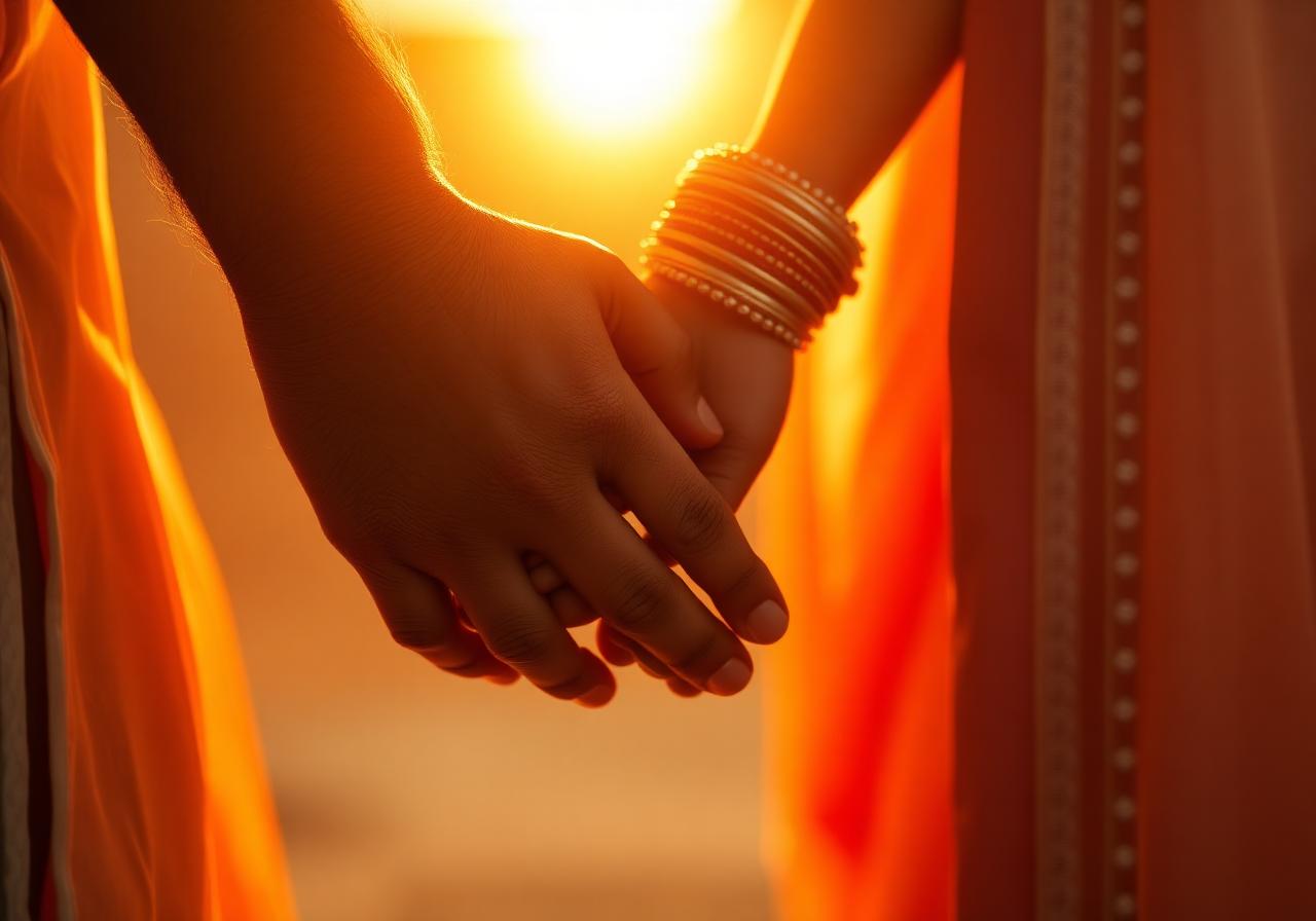 Couple's hands intertwined in golden light