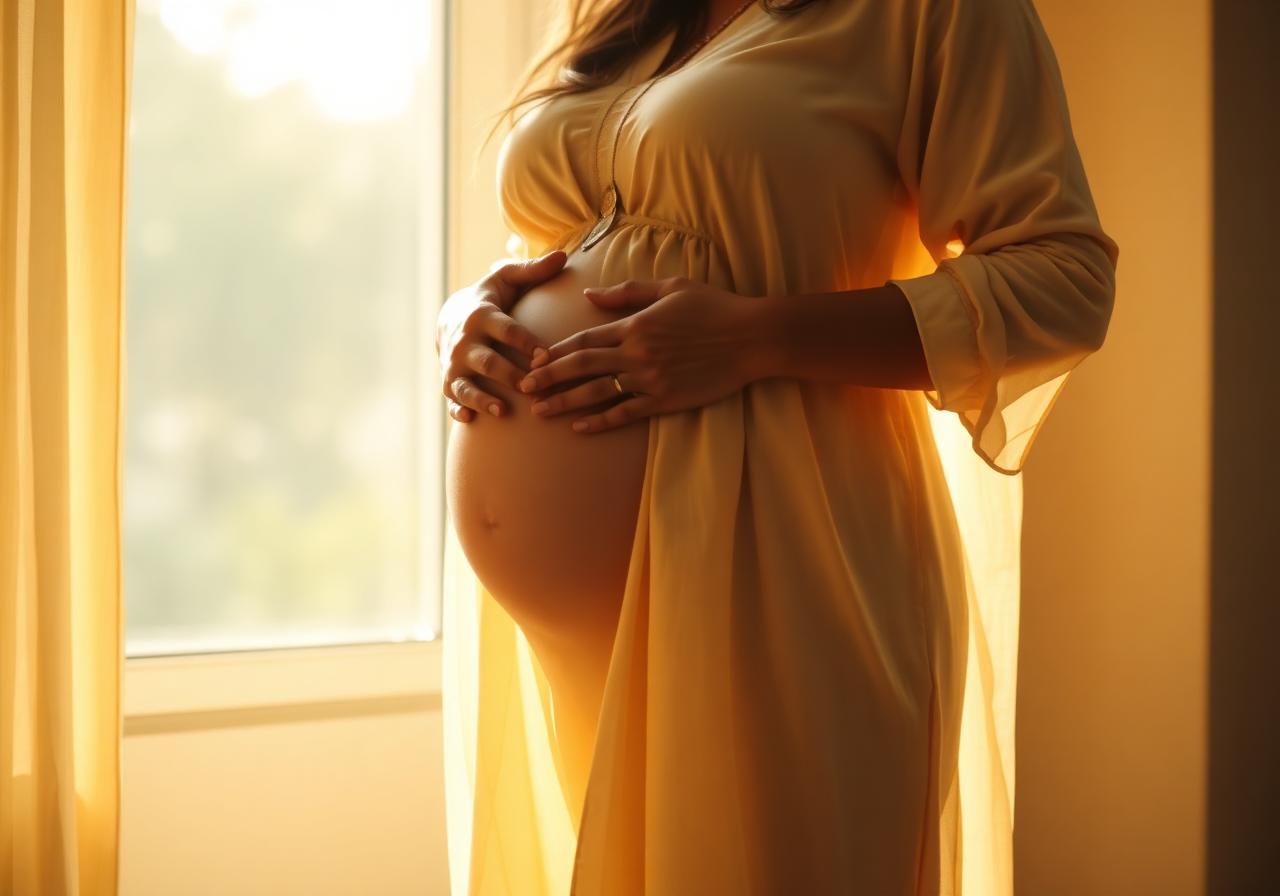 Expectant mother cradling her belly in warm light